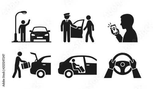 Six black and white car service icons