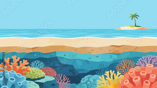 Underwater coral reef landscape with ocean seabed sand layer tropical island and clear blue water vector background illustration