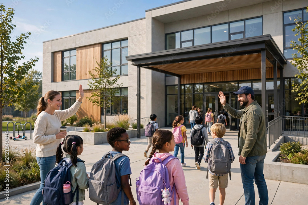 Fototapeta premium Parents Dropping Children at Modern Elementary School Entrance on First Day School Reopening Morning