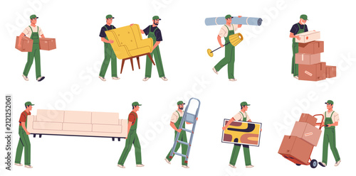 Mover service set. Loader people carry various furniture and boxes by hand and using a trolley. Sofa, stepladder, armchair, painting. Modern flat cartoon illustration isolated on white background