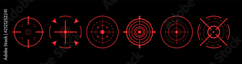 High-tech radar interface with circular HUD targets and glowing red scanner elements. Futuristic vector graphics for cyber security, tactical systems and sci-fi UI.