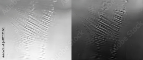 Wrinkled plastic wrap texture, dark and light monochrome film overlay with creased surface, glossy abstract background for modern graphic design, digital art, overlay effects and creative projects