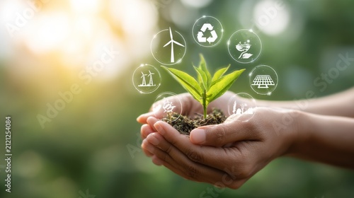 Hands holding plant with eco icons