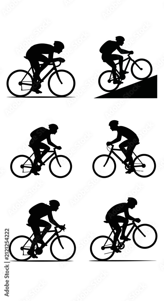 Fototapeta premium Silhouettes of cyclists riding mountain and road bikes.