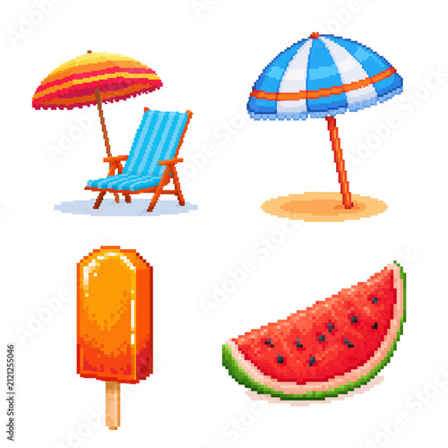 Pixel art summer icon set featuring a striped beach umbrella with deck chair, freestanding parasol, orange ice pop and watermelon slice.