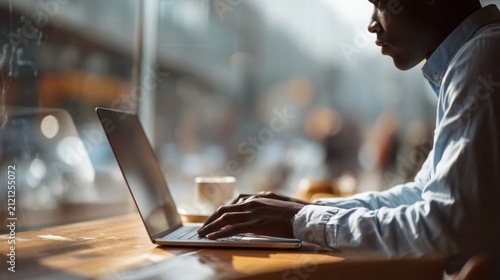 Man working on laptop near a window