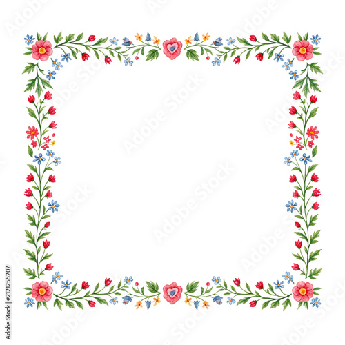 Square wildflower border with tiny red, blue and yellow blossoms woven through slender green vines, suited to invitations, certificates and stationery.