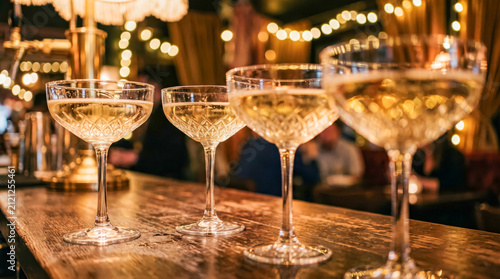 Elegant champagne glasses filled with sparkling drink on bar counter  