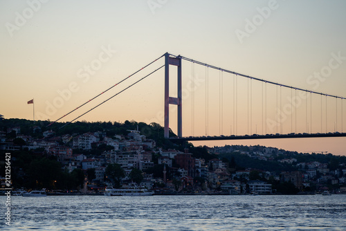 Photography Istanbul Bosphorus view with suspension bridge and city skyline at golden hour