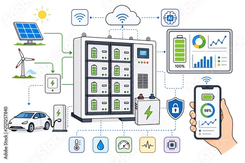 Smart battery energy storage system with renewable solar, wind, EV charging, AI cloud monitoring and IoT dashboard illustration.