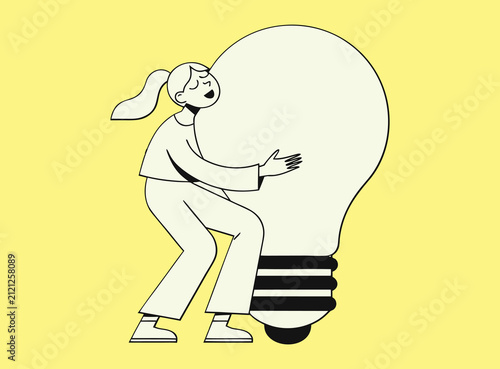 Woman Hugging Giant Idea Lightbulb - Flat Line Art Illustration of Creativity Innovation and Inspiration Concept