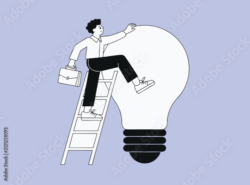 Businessman Climbing Ladder to Giant Lightbulb - Flat Line Art Illustration of Idea Growth and Success Concept
