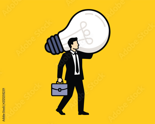 Businessman Carrying Giant Lightbulb on Shoulder - Flat Vector Illustration of Idea Burden and Business Responsibility Concept