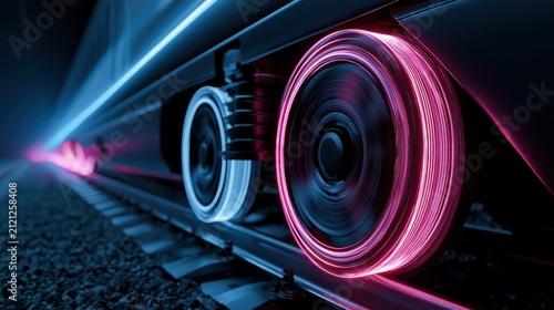 High speed train wheels glowing with pink and blue light on tracks