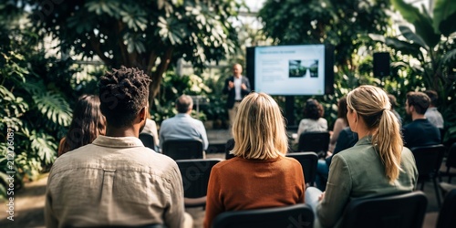 Audience in a lush botanical greenhouse venue showcasing corporate eco presentation, engaged attendees and speaker on stage, representing sustainable business strategy and environmental education