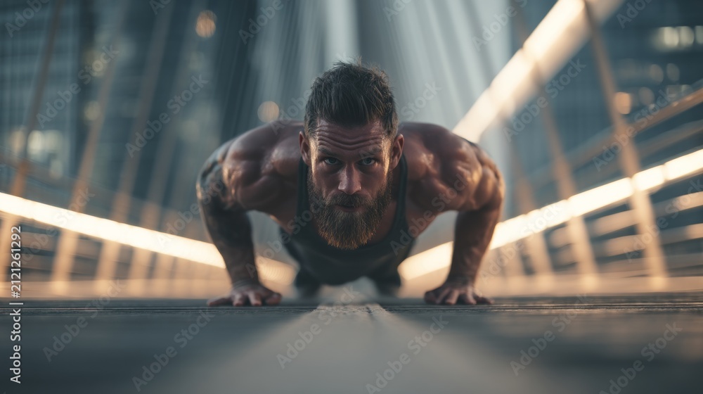 Fototapeta premium Man doing push ups in transparent background