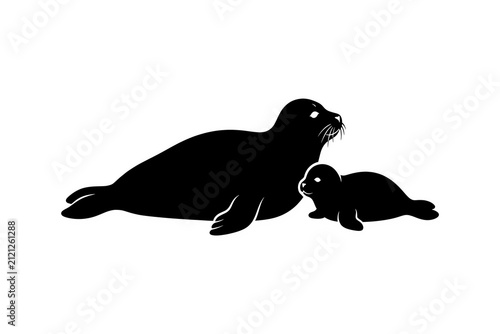 Mother Seal with Baby Pup Silhouette - Marine Mammal Parent and Young Illustration