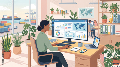 Logistics manager tracking global supply chain and shipping analytics on computer in modern office flat vector illustration