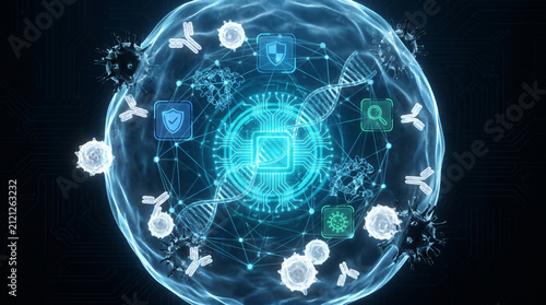 Antiviral immune system defense mechanism neutralizing biological threats in digital medical simulation