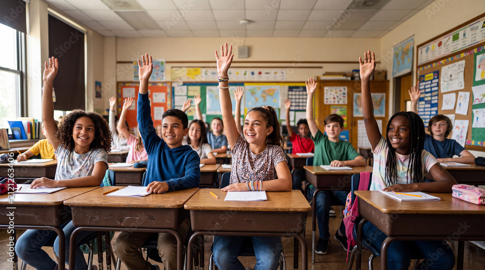 Obraz premium Group of eager pupils with hands raised up ready to answer, active classroom participation, primary school education and knowledge