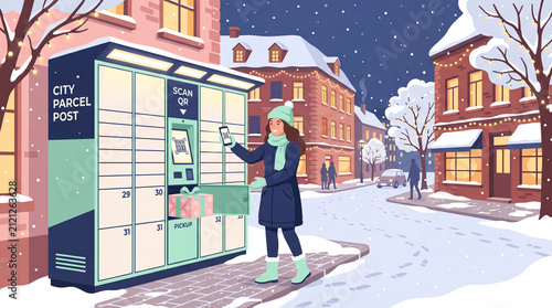 Woman scanning QR code with smartphone to pick up Christmas gift package from City Parcel Post locker on snowy town street flat vector illustration