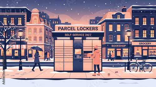 Woman picking up package from self service parcel locker terminal on snowy town street during winter evening flat vector illustration