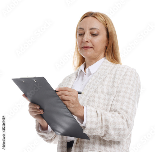 Quadro su tela Business woman with clipboard on white background