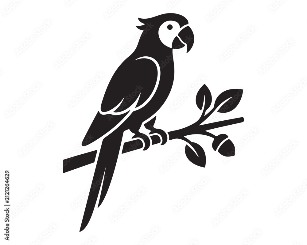 Obraz premium Parrot perched on a tropical tree branch serves as a minimalist black and white graphic icon for diverse creative projects.