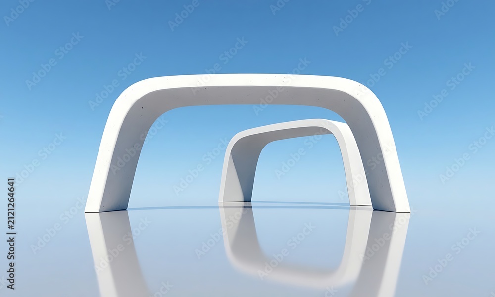 Obraz premium 3D render of abstract symmetrical white curved architectural arches under blue sky, minimalist modern pavilion structure on reflective floor background