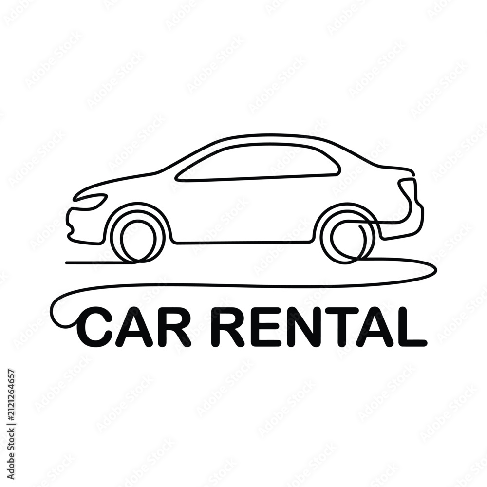Fototapeta premium Line drawing of a car with the text car rental a simple black and white illustration automotive vehicle transportation line art illustration