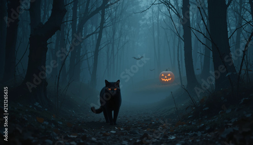 Enchanting Halloween scenery featuring a black feline surrounded by carved pumpkins, drifting fog, and a dark woodland atmosphere under the autumn sky.