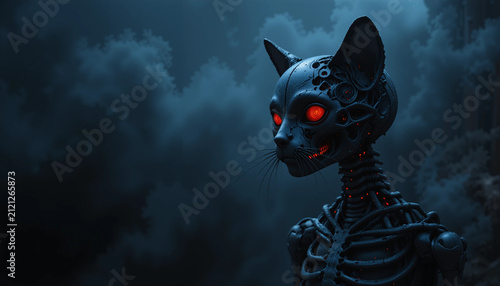 Dark Halloween scene showing a skeletal black cat with fiery eyes standing motionless among dense fog. Copy space.