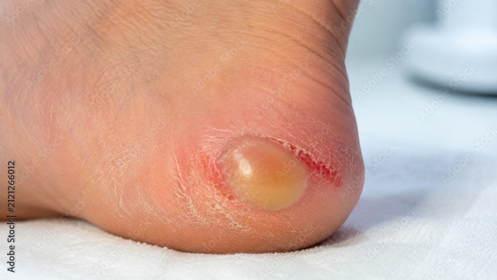 Naklejka premium Close-up of painful infected blister with fluid on heel of foot showing skin irritation and redness