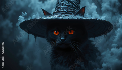 Mysterious Halloween portrait of a black cat wearing a witch hat, surrounded by swirling fog with glowing orange eyes.
