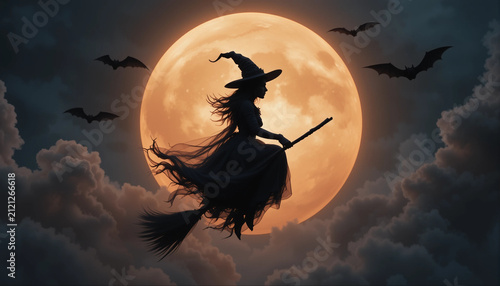 Silhouette of a witch riding a broomstick against a glowing full moon, surrounded by bats and dramatic clouds in a Halloween night scene.