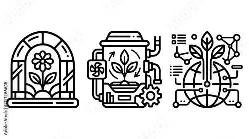 Bioengineering and biotech plant growth research icon set with bioengineering research technology agriculture laboratory innovation optimization cultivation environment industrial efficiency
