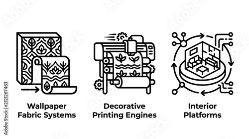 Wallpaper manufacturing and interior design platform icons with wallpaper interior printing decoration manufacturing patterns technology industry production floorplan renovation automation