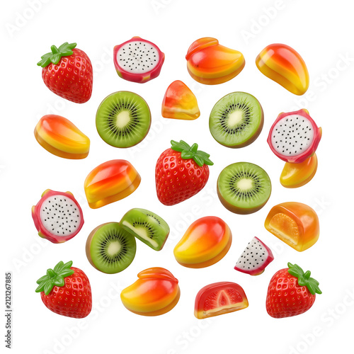 Assorted colorful tropical fruit candy pieces scattered against a clean white with candies with candies on transparent background