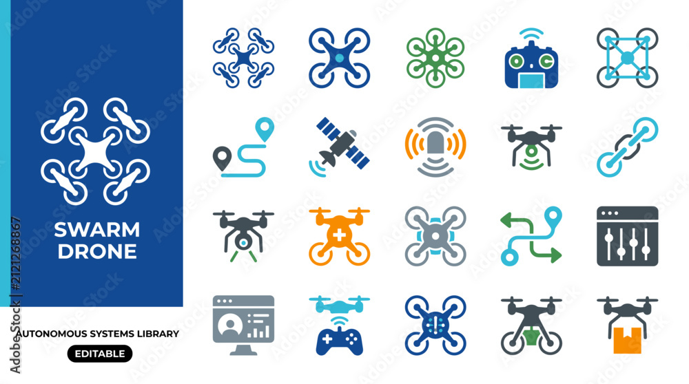 Fototapeta premium Swarm drone and autonomous systems icon set