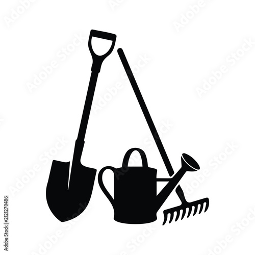 Gardening tools set with shovel rake and watering can isolated on white background icons.