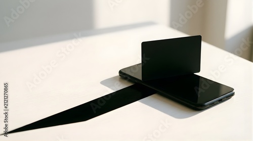 Black credit card standing on a smartphone on a white table