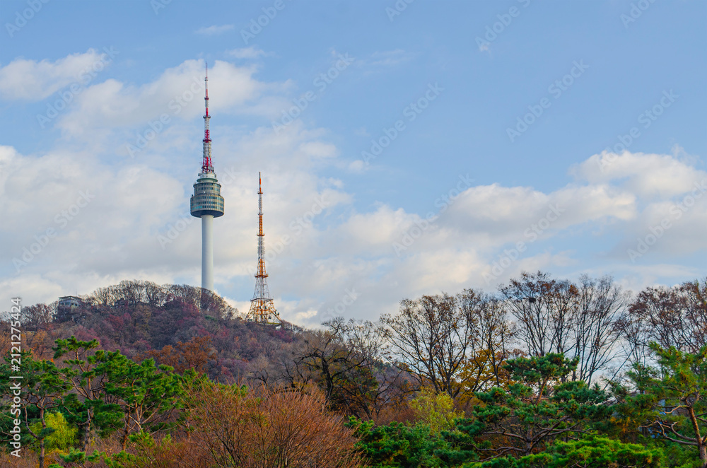 Obraz premium A communication and observation tower located on mountain in Korea. copy space