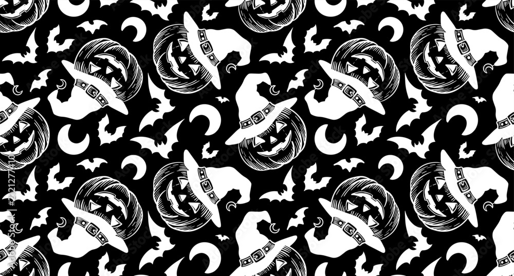 Naklejka premium Bold black and white seamless Halloween pattern with witch hat pumpkins, flying bats, crescent moons and ghost silhouettes. Dramatic gothic style for fabric, wrapping paper and party design.