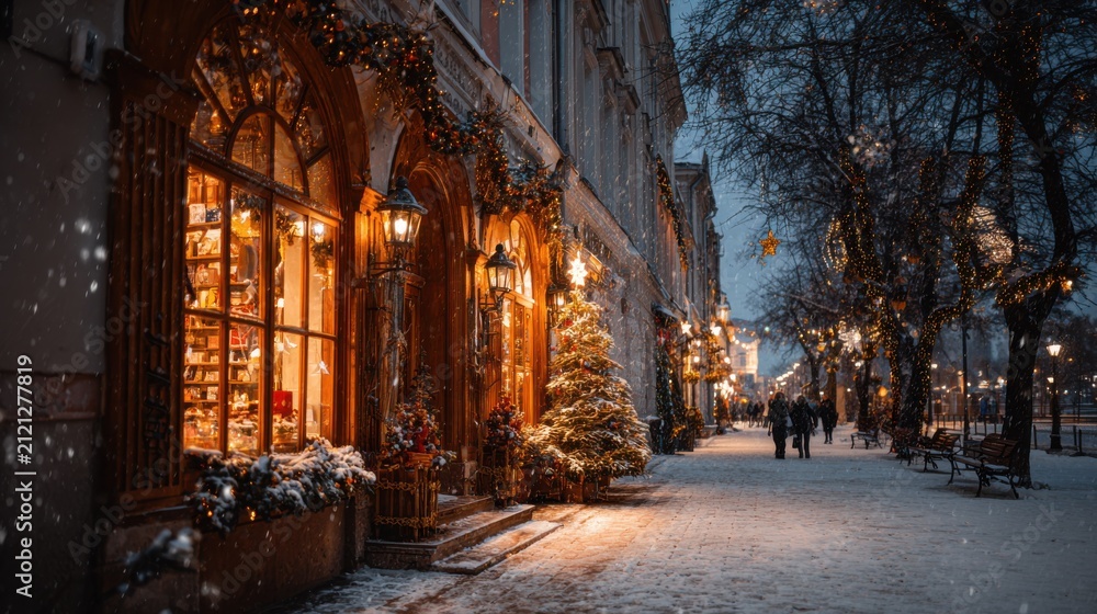 Fototapeta premium Christmas decorated shop window with glowing lights on snowy city street at evening. Store facade Xmas tree, gifts, festive garlands