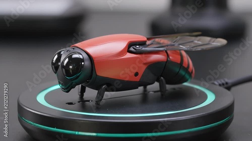 Robotic bee drone charging on a glowing wireless power pad. 4K Video