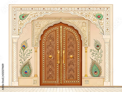 Ornamental Indian palace door with peacock relief carvings and golden borders. 