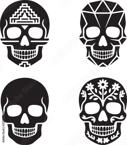 Set of four black silhouette of human skulls, featuring a mayan pyramid geometric low poly style, plain skull, and floral pattern