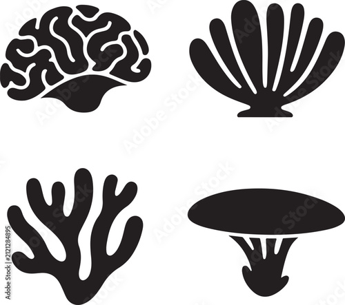 Set of four black silhouette representing biological shapes including a human brain, coral, and mushroom on a white background