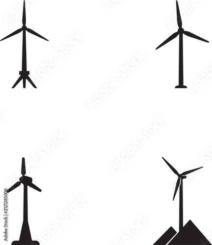 Wind turbines illustrate four different renewable energy generator models depicted as minimalist black silhouettes to signify sustainable power generation and environmental technology concepts for.