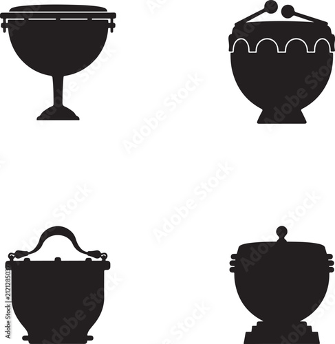 Drums represent a selection of four distinct percussion instruments shown as solid black silhouettes including various bowl shapes and mounting styles suitable for musical education and performance.